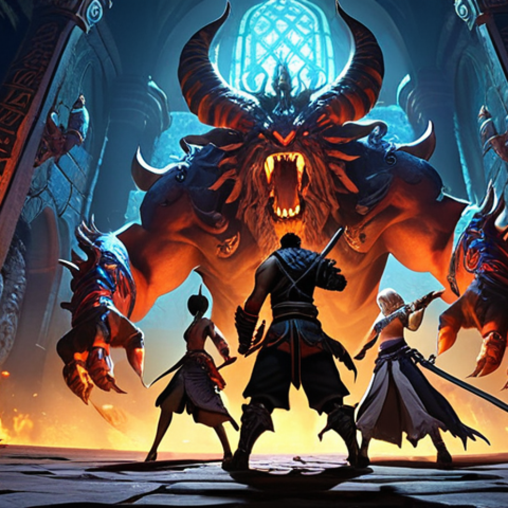 **A dramatic scene inside a Blade & Soul dungeon. Four diverse characters, each representing a different class, are battling a large, menacing boss monster. The environment is richly detailed with glowing runes and ancient architecture. Focus on dynamic action and vibrant colors. The overall mood is intense and collaborative.**