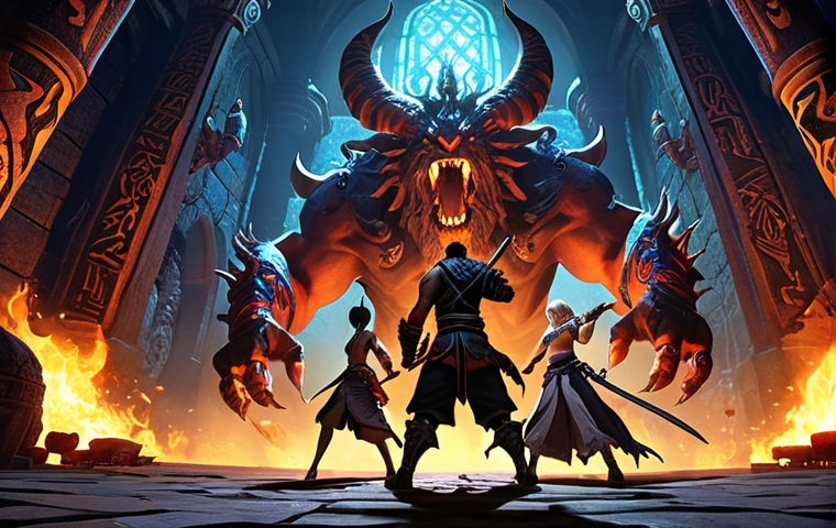 **A dramatic scene inside a Blade & Soul dungeon. Four diverse characters, each representing a different class, are battling a large, menacing boss monster. The environment is richly detailed with glowing runes and ancient architecture. Focus on dynamic action and vibrant colors. The overall mood is intense and collaborative.**